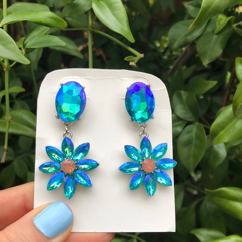 Aquamarine AB + Pink Opal Flower Statement Earrings - Picture 1 of 5